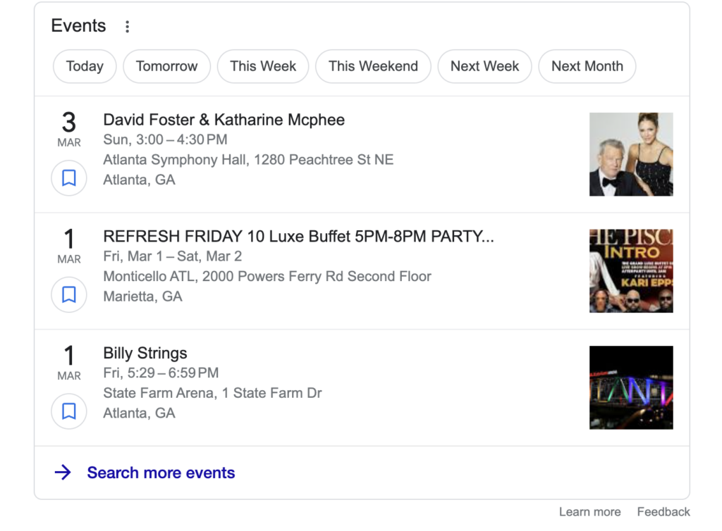 Events data results on Google Search